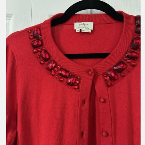 BF SALE Kate Spade Red Jeweled Embellished Cardigan Sweater - M - Picture 3 of 6